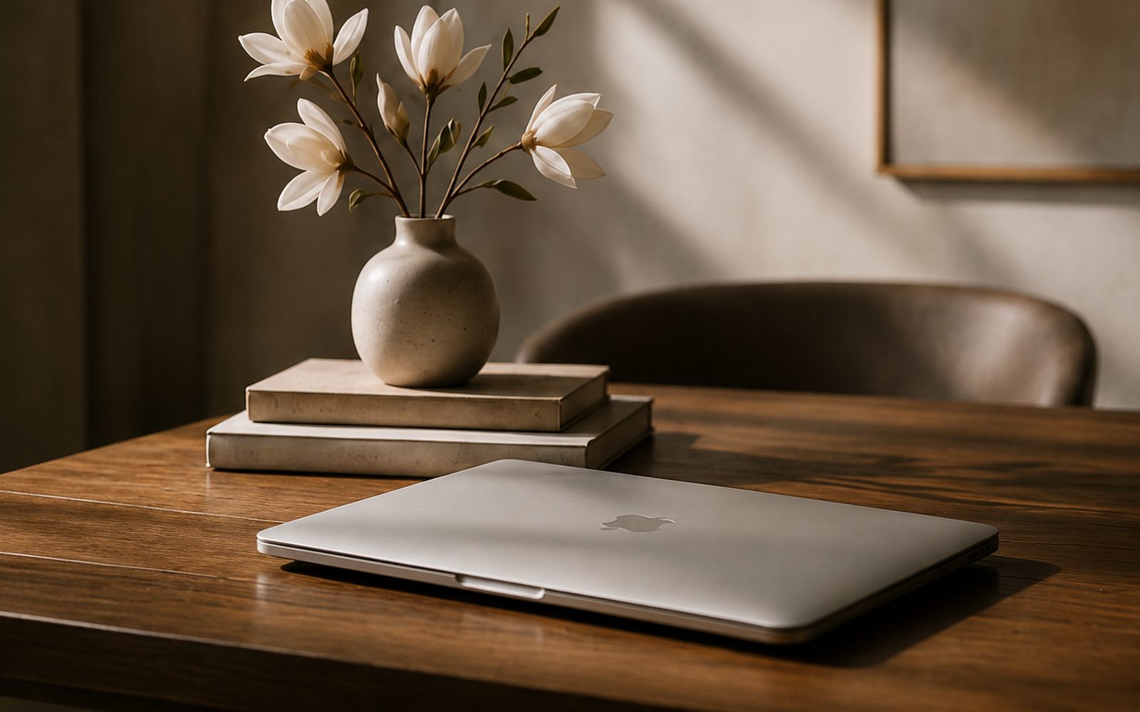 A laptop and magnolia blossoms on a sunlit wooden desk.