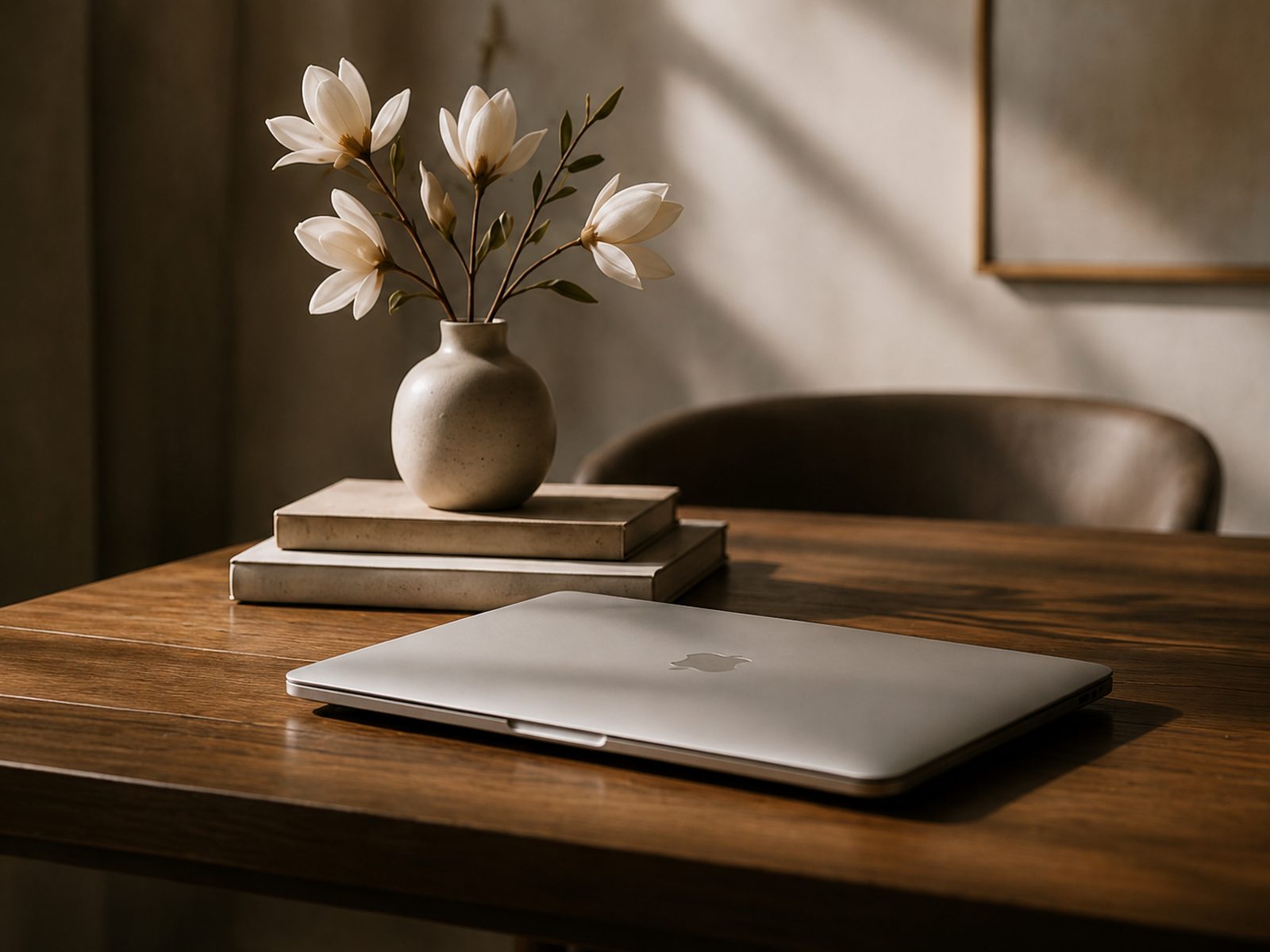A quiet desk with a laptop, stacked books and magnolia blossoms in a stone vase.