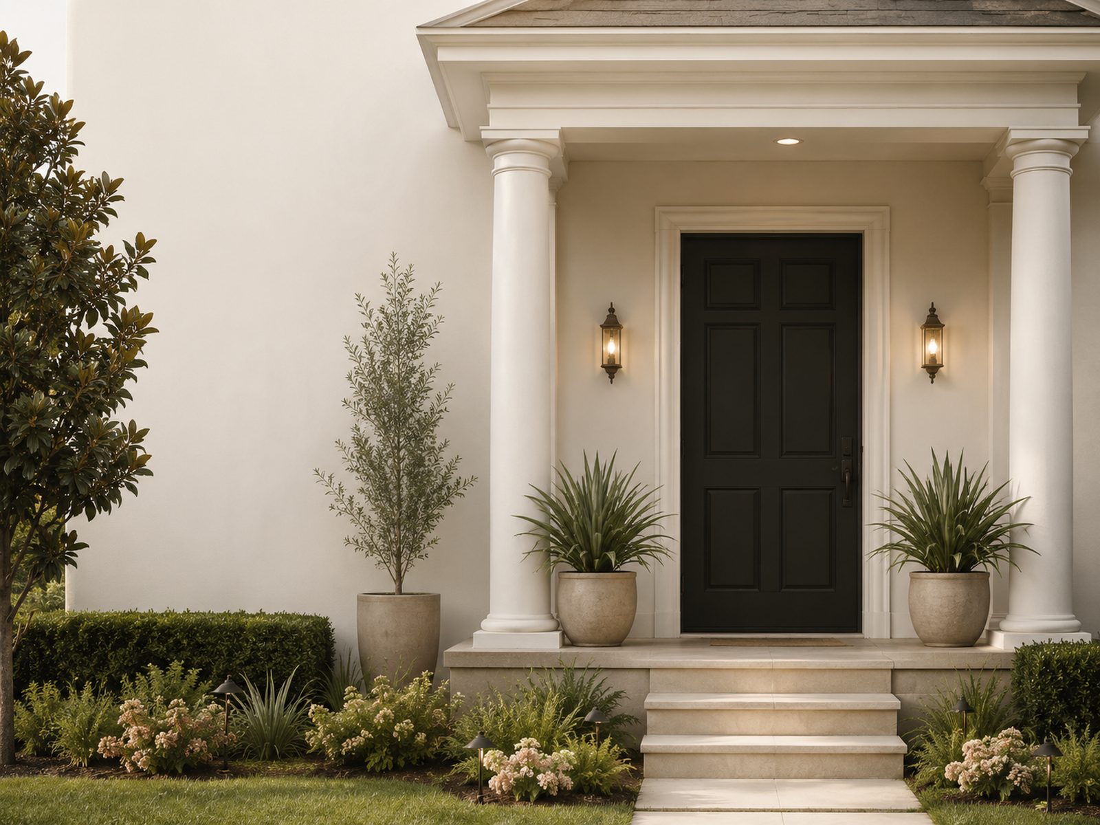 The columned front entry of a residential property, framed by clipped hedges and potted plants.