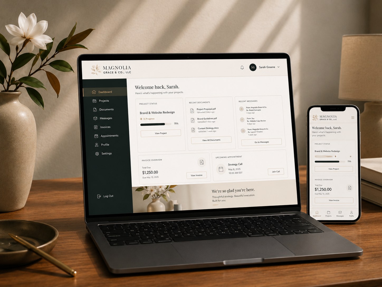 A branded client portal shown on a laptop and phone.