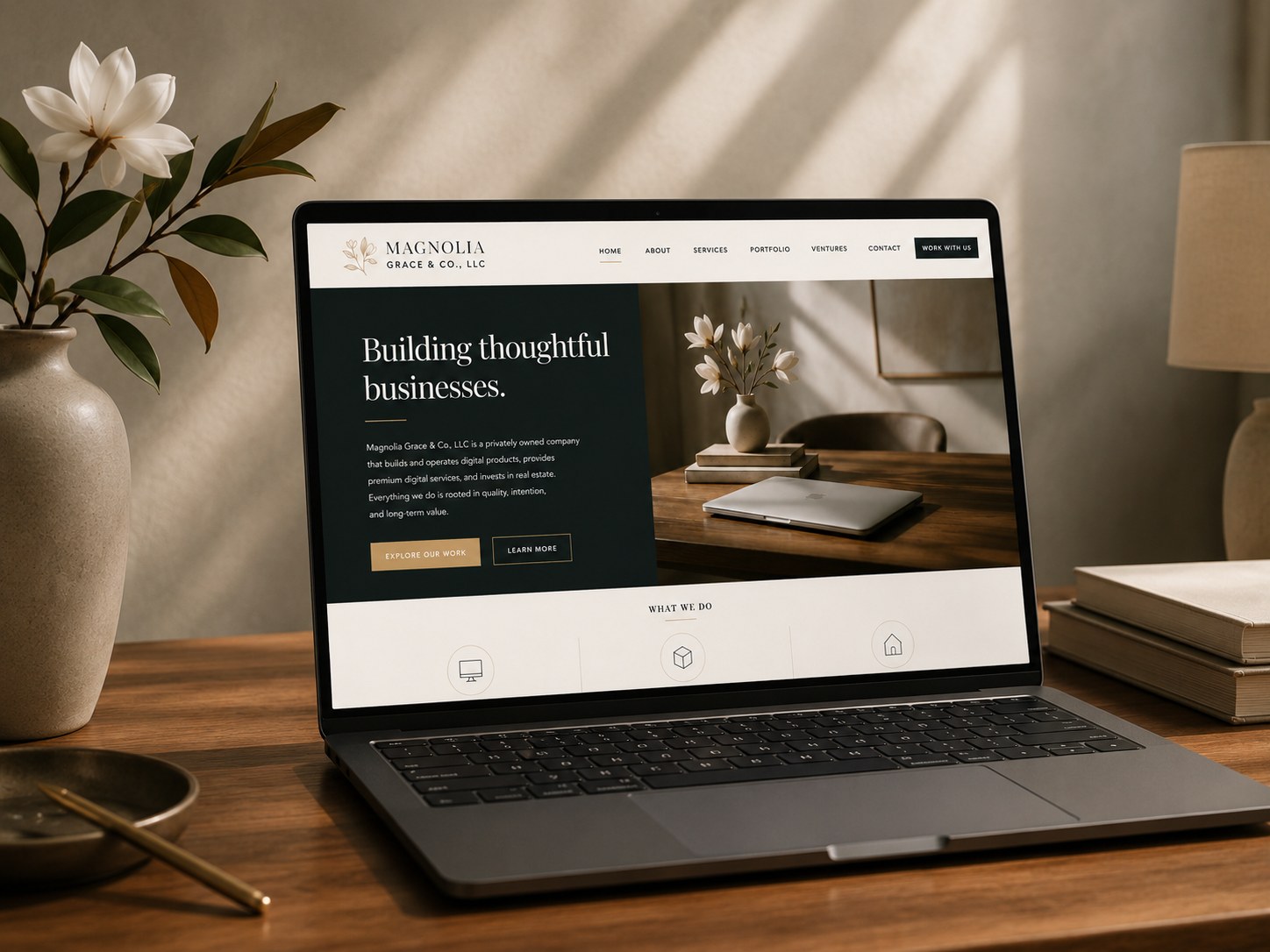 A premium business website shown on a laptop in a warm editorial setting.